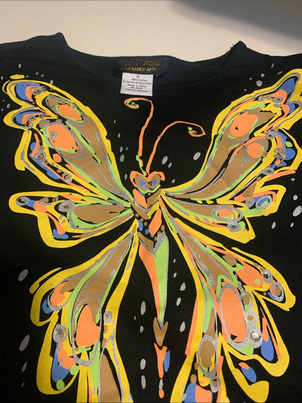 Bob Mackie Black Butterfly Graphic Tee with Yellow Accents - Picture 6 of 7